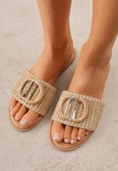 Beżowe Plecione Klapki na Płaskiej Podeszwie Zdobione Metaliczną Aplikacją Rhelana. Brązowe klapki damskie Renee, z aplikacjami, boho, bez obcasa, na płaskiej podeszwie, bez zapięcia. Za 79.99 zł.