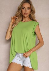 Jasnozielony Casualowy Top z Wiskozy Ozdobiony Falbanką przy Ramionach Dimrie. Zielone topy damskie Renee, l, bez wzorów, z materiału, bez kołnierzyka, bez ramiączek. Za 39.99 zł.