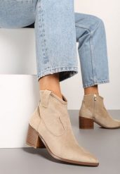 Ciemnobeżowe Botki Vices w Stylu Kowbojek na Obcasie Vertige. Brązowe botki damskie Renee, na jesień, bez wzorów, z jeansu, boho, bez obcasa, na obcasie, bez zapięcia. Za 139.99 zł.