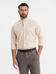 Koszula męska lniana ze stójką i kieszenią REGULAR FIT – kremowa V3 - Rozmiar: M. Białe koszule męskie Ombre Clothing, na lato, m, bez wzorów, z bawełny, bez kołnierzyka, bez ramiączek. Za 219.99 zł.