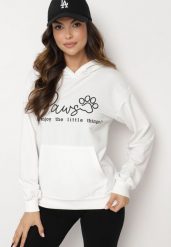 Biała Bluza z Bawełną i Kapturem Ozdobiona Napisem Zalabina. Białe bluzy damskie Born2be, l, z aplikacjami, z bawełny, bez ramiączek, z kapturem. Za 79.99 zł.