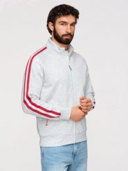 Męska bluza dresowa z wysokim kołnierzem i lampasami – szary melanż V1. Szare bluzy męskie Ombre Clothing, m, z aplikacjami, z bawełny, sportowe, bez ramiączek, bez kaptura. Za 209.99 zł.