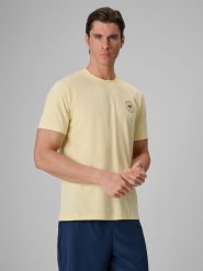 4F T-shirt regular z nadrukiem męski - żółty XL. Żółte koszulki sportowe męskie 4F, m, bez wzorów, z bawełny, bez kołnierzyka, bez ramiączek. Za 59.99 zł.