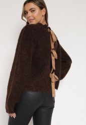 Brązowy Kardigan z Wełną i Bufiastymi Rękawami Wiązany na Plecach Tuseleia. Brązowe kardigany damskie Born2be, l, bez wzorów, z jeansu, bez kołnierzyka. Za 149.99 zł.