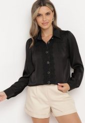 Czarna Koszula z Kołnierzem i Wstawkami z Koronki Thaffi. Czarne koszule damskie Born2be, m, bez wzorów, z koronki, eleganckie, bez kołnierzyka, bez ramiączek. Za 79.99 zł.