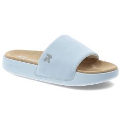 Niebieskie Klapki Rieker Stylowe Płaskie Damskie. Niebieskie klapki damskie Rieker, na lato, bez wzorów, eleganckie, bez obcasa, na płaskiej podeszwie, bez zapięcia. Za 249.00 zł.