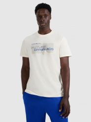 4F T-shirt regular z nadrukiem męski - kremowy M. Białe t-shirty męskie 4F, m, bez wzorów, z bawełny, bez kołnierzyka, bez ramiączek. Za 39.99 zł.