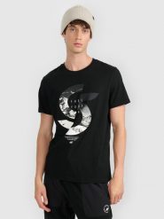 4F T-shirt regular z nadrukiem męski - czarny L. Czarne t-shirty męskie 4F, l, bez wzorów, bez kołnierzyka, bez ramiączek. Za 69.99 zł.