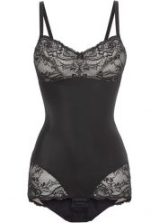 Body modelujące z ozdobnymi elementami, średni stopień modelowania sylwetki. Czarne body bonprix, bez wzorów, z koronki. Za 139.99 zł.