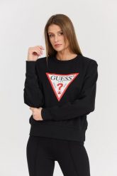 GUESS Czarna damska bluza z dużym logo Original Fleece. Czarne bluzy damskie Guess, s, z aplikacjami, z bawełny, bez ramiączek, bez kaptura. W wyprzedaży za 159.99 zł.