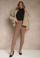 Ciemnobeżowe Spodnie Ozdobione Paskiem z Klamrą Falarise. Brązowe spodnie materiałowe damskie Renee, z aplikacjami, z jeansu, eleganckie. Za 49.99 zł.