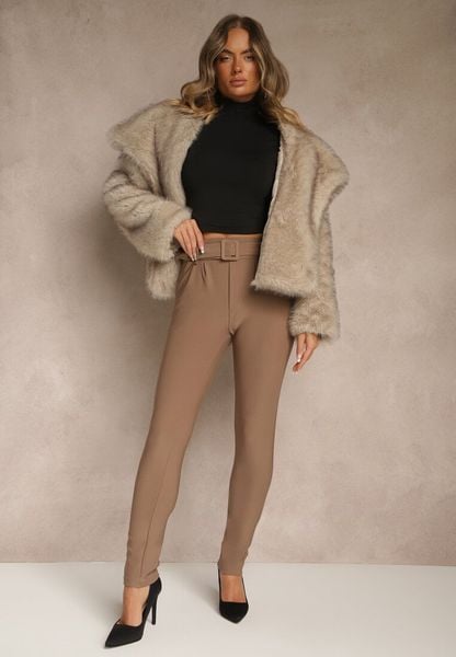 Ciemnobeżowe Spodnie Ozdobione Paskiem z Klamrą Falarise. Brązowe spodnie materiałowe damskie Renee, z aplikacjami, z jeansu, eleganckie. Za 29.99 zł.