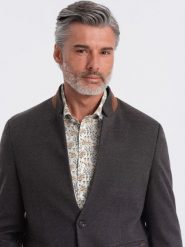 Melanżowa marynarka męska z dodatkiem rayonu ze stójką – czarny melanż V5 OM-BLZB-0131 - XXL. Czarne garnitury męskie Ombre Clothing, l, bez wzorów, z materiału, casualowe. Za 257.99 zł.