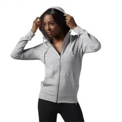 Bluza sportowa damska Reebok EL Full Zip. Szare bluzy damskie Reebok, na zimę, bez wzorów, sportowe, bez ramiączek, z kapturem. Za 263.00 zł.