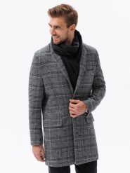 Jednorzędowy płaszcz męski w kratę - czarny V2. Czarne płaszcze męskie Ombre Clothing, m, bez wzorów, z poliesteru, bez kołnierzyka, bez kaptura. W wyprzedaży za 199.99 zł.