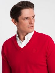 Sweter męski z dekoltem "w serek" z koszulowym kołnierzykiem - czerwony V4 OM-SWSW-0102 - XXL. Czerwone swetry męskie Ombre Clothing, l, bez wzorów, z bawełny, klasyczne, bez kołnierzyka, bez ramiączek. W wyprzedaży za 69.99 zł.