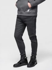 Spodnie męskie jeansowe joggery ze ściagaczem w pasie - czarne V4 - Rozmiar: XL. Czarne spodnie materiałowe męskie Ombre Clothing, z aplikacjami, z bawełny. Za 239.99 zł.