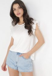 Biały Top z Falbankami przy Ramionach z Wiskozy Jale. Białe topy damskie Born2be, bez wzorów, z tkaniny, bez kołnierzyka, bez ramiączek. Za 49.99 zł.