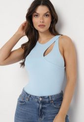 Jasnoniebieski Bawełniany Top z Ozdobnym Wycięciem Sallire. Niebieskie topy damskie Born2be, l, bez wzorów, z bawełny, bez kołnierzyka, bez ramiączek. Za 64.99 zł.