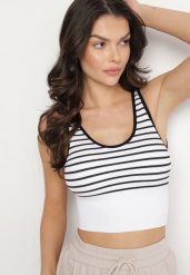 Czarno-Biały Tank Top w Paski z Prążkowanej Tkaniny Sesillia. Czarne topy damskie Born2be, s, bez wzorów, z jeansu, eleganckie, bez kołnierzyka, bez ramiączek. Za 24.99 zł.