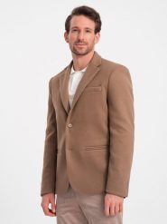 Marynarka męska casual z ozdobnymi guzikami na mankietach - jasnybrąz V2 OM-BLZB-0118 - XXL. Brązowe garnitury męskie Ombre Clothing, l, bez wzorów, casualowe. W wyprzedaży za 149.99 zł.
