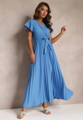 Niebieska Koktajlowa Maxi Sukienka Ozdobiona Plisami z Trójkątnym Dekoltem i Wiązaniem w Talii Phoelia. Niebieskie sukienki damskie Renee, na imprezę, m, bez wzorów, eleganckie, bez kołnierzyka, bez ramiączek, maxi. Za 54.99 zł.