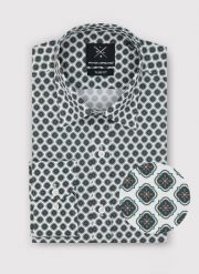 PAKO LORENTE – Biała koszula w ciemny wzór. Białe koszule męskie Pako Lorente, m, bez wzorów, z elastanu, bez kołnierzyka, bez ramiączek. Za 79.99 zł.