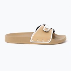 Klapki damskie Scholl Pescura Moon Pu Sp. Brązowe klapki damskie Scholl, bez wzorów, z elastanu, eleganckie, bez obcasa, bez zapięcia. Za 219.99 zł.