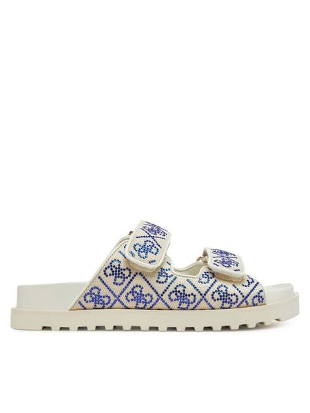 Guess Klapki FLJFDZ FAB19 Écru. Klapki damskie Guess, z aplikacjami, ze skóry, bez obcasa, bez zapięcia. Za 299.99 zł.