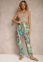 Zielone Szerokie Spodnie z Bawełny High Waist w Abstrakcyjny Wzór Jorivaess. Zielone spodnie materiałowe damskie Renee, bez wzorów, z bawełny, biznesowe, z podwyższonym stanem. Za 29.99 zł.