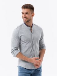 Bawełniana męska koszula SLIM FIT ze stójką w kolorowe paski szara V5 OM-SHCS-0178 M. Szare koszule męskie Ombre, m, bez wzorów, z bawełny, bez kołnierzyka, bez ramiączek. Za 166.41 zł.