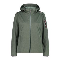 Damska kurtka turystyczna z kapturem CMP. Zielone kurtki sportowe damskie CMP, bez wzorów, z softshellu, bez ramiączek, z kapturem, trekkingowe. Za 408.80 zł.