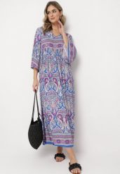 Niebiesko-Fioletowa Długa Sukienka Rozkloszowana z Rękawami 3/4 we Wzór Paisley Amarethia. Niebieskie sukienki damskie Born2be, l, bez wzorów, boho, bez kołnierzyka, bez ramiączek, maxi, rozkloszowane. Za 84.99 zł.