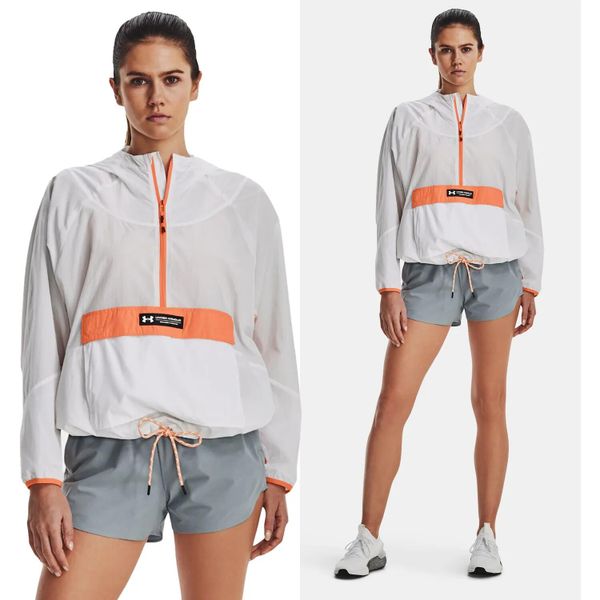 Kurtka sportowa damska UNDER ARMOUR Rush Woven z kapturem. Białe kurtki sportowe damskie Under Armour, xs, bez wzorów, bez ramiączek, z kapturem. Za 239.99 zł.