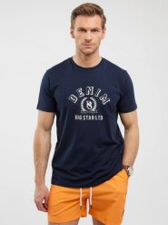 Koszulka męska z nadrukiem granatowa Bester 403. Niebieskie t-shirty męskie BIG STAR, l, bez wzorów, z bawełny, bez kołnierzyka, bez ramiączek. W wyprzedaży za 59.99 zł.