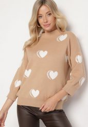 Ciemnobeżowy Sweter z Modalem i Wiskozą w Serca Zeanita. Brązowe swetry nierozpinane damskie Born2be, m, bez wzorów, z jeansu, eleganckie, bez kołnierzyka, bez ramiączek. Za 109.99 zł.