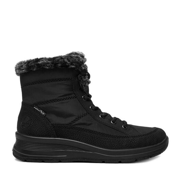 Trzewiki Rieker. Czarne botki damskie Rieker, bez wzorów, bez obcasa, na płaskiej podeszwie, bez zapięcia. Za 369.99 zł.