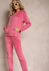 Ciemnoróżowy Welurowy Komplet Dresowy Bluza z Kapturem i Spodnie Vilna. Czerwone bluzy damskie Renee, m, bez wzorów, z dresówki, bez ramiączek, z kapturem. Za 69.99 zł.