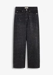 Jeansy z szerokimi nogawkami, mid waist, z aplikacją z kryształków. Czarne jeansy damskie bonprix, z aplikacjami, z jeansu. Za 199.99 zł.