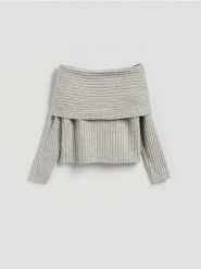 Sweter z odkrytymi ramionami - jasnoszary. Szare swetry nierozpinane damskie Reserved, l, bez wzorów, z dzianiny, bez kołnierzyka, bez ramiączek. Za 139.99 zł.