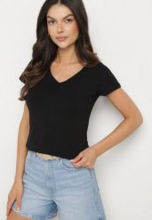 Czarny T-shirt z Bawełny o Prostym Kroju z Dekoltem w Serek Fevireena. Czarne t-shirty damskie Born2be, l, bez wzorów, z bawełny, eleganckie, bez kołnierzyka, bez ramiączek. Za 39.99 zł.