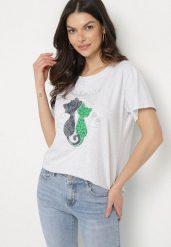 Jasnoszary T-shirt z Bawełny z Ozdobnym Napisem i Nadrukiem Olinella. Szare t-shirty damskie Born2be, l, bez wzorów, z bawełny, bez kołnierzyka, bez ramiączek. Za 34.99 zł.