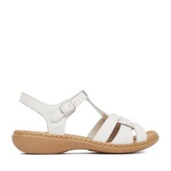Sandały Rieker. Białe sandały damskie Rieker, bez wzorów, bez obcasa, na płaskiej podeszwie, bez zapięcia. Za 329.99 zł.