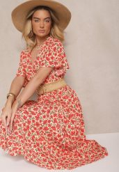 Jasnobeżowa Sukienka Rozkloszowana o Kopertowym Kroju w Kwiatowy Print Borriz. Brązowe sukienki damskie Renee, na co dzień, na wiosnę, l, bez wzorów, eleganckie, bez kołnierzyka, bez ramiączek, maxi, kopertowe. Za 49.99 zł.