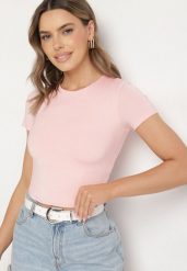 Różowy T-shirt Krótki z Wiskozą Eframera. Czerwone t-shirty damskie Born2be, l, bez wzorów, z jeansu, eleganckie, bez kołnierzyka, bez ramiączek. Za 74.99 zł.
