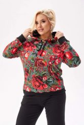 Dresowa bluza Karolina z kolorowym printem PLUS SIZE XXL. Brązowe bluzy damskie Moda Size Plus Iwanek, plus size, z aplikacjami, z bawełny, eleganckie, bez ramiączek, z kapturem. Za 279.90 zł.