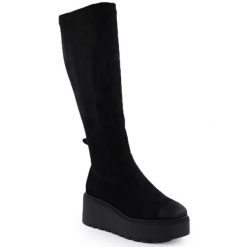Kozaki damskie na koturnie czarne Vinceza 58342. Czarne kozaki damskie VINCEZA, bez wzorów, ze skóry ekologicznej, bez obcasa, na koturnie, bez zapięcia. Za 229.99 zł.