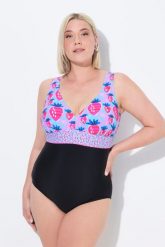 Damski Strój kąpielowy truskawki ozdobna wstążka miękkie miseczki z recyklingu. Czarne stroje kąpielowe damskie Ulla Popken, plus size, bez wzorów, z elastanu. Za 239.99 zł.