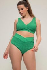 Damskie Figi bikini faktura wysoki stan pas w kopertowym stylu. Brązowe stroje kąpielowe damskie Ulla Popken, plus size, bez wzorów, z elastanu. Za 91.99 zł.