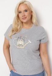 Szary Bawełniany T-shirt z Ozdobnym Nadrukiem Littana. Szare t-shirty damskie Born2be, l, bez wzorów, z bawełny, klasyczne, bez kołnierzyka, bez ramiączek. Za 34.99 zł.